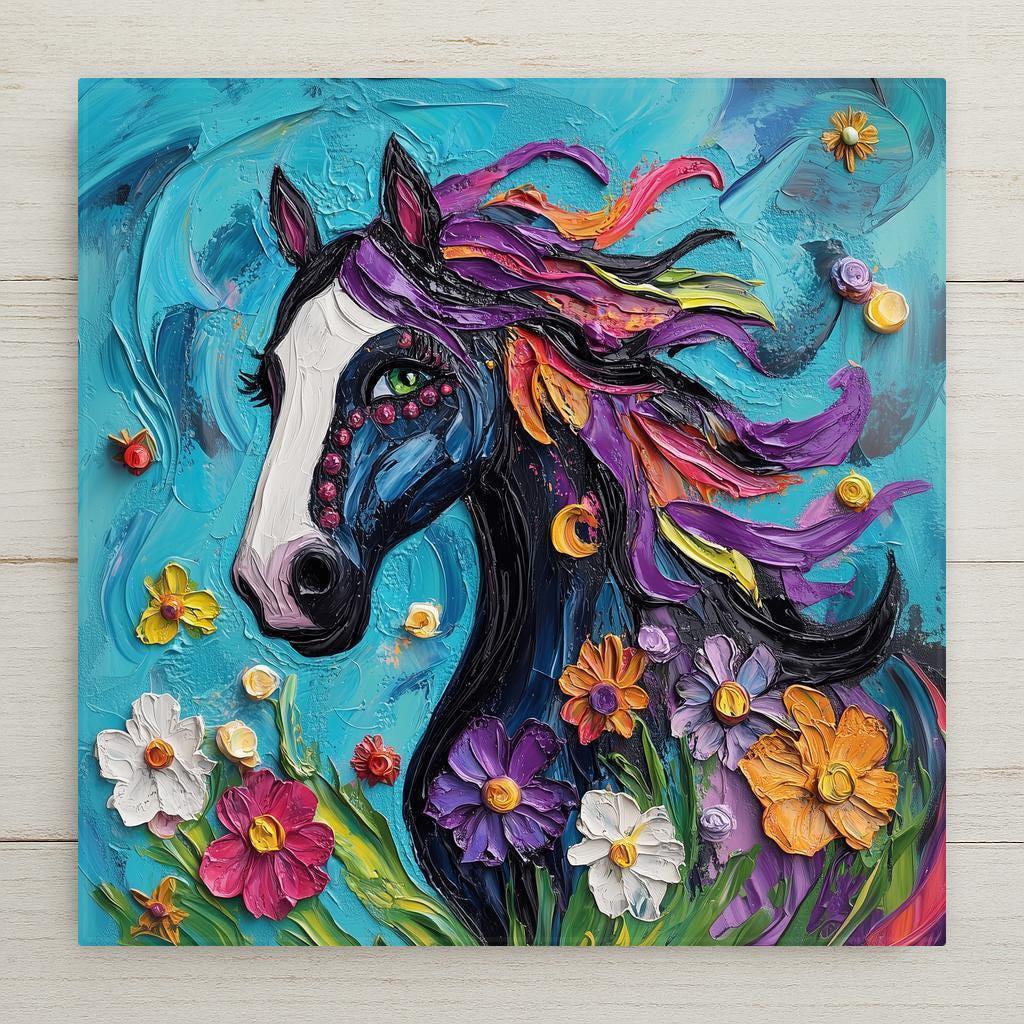 This colorful horse ceramic tile wall art features a floral mane and bold design. A vibrant and whimsical gift for horse lovers, artists, and boho décor fans.