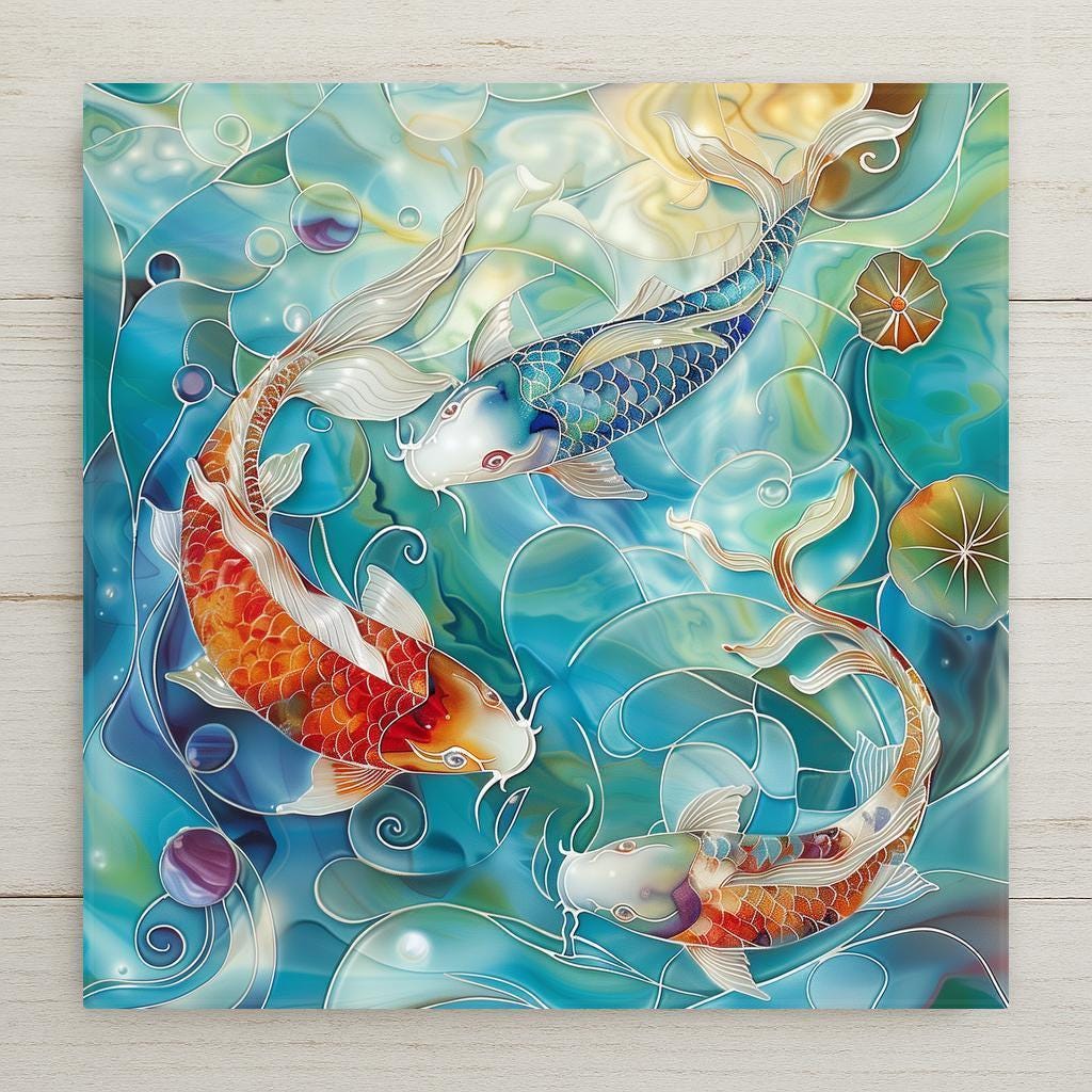 koi fish ceramic tile,koi mosaic tile,asian art wall tile,aquatic home decor,japanese koi design,serene fish wall tile,colorful art tile,nature inspired tile,zen bathroom decor,decorative koi tile,fish mosaic decor,koi pond wall tile,handmade fish art