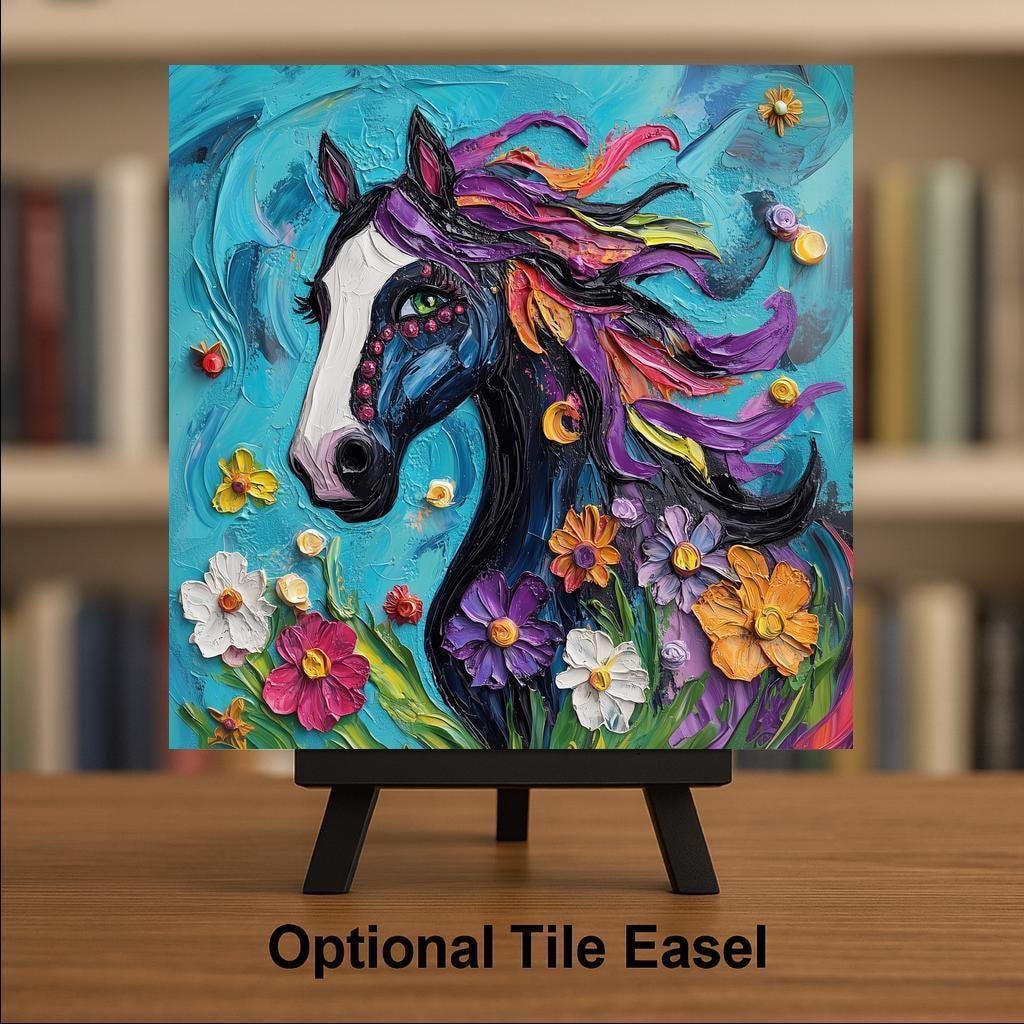 Floral Horse Wall Art Ceramic Tile Horse Lover Gift Equestrian Decor Colorful Horse Art Fantasy Tile