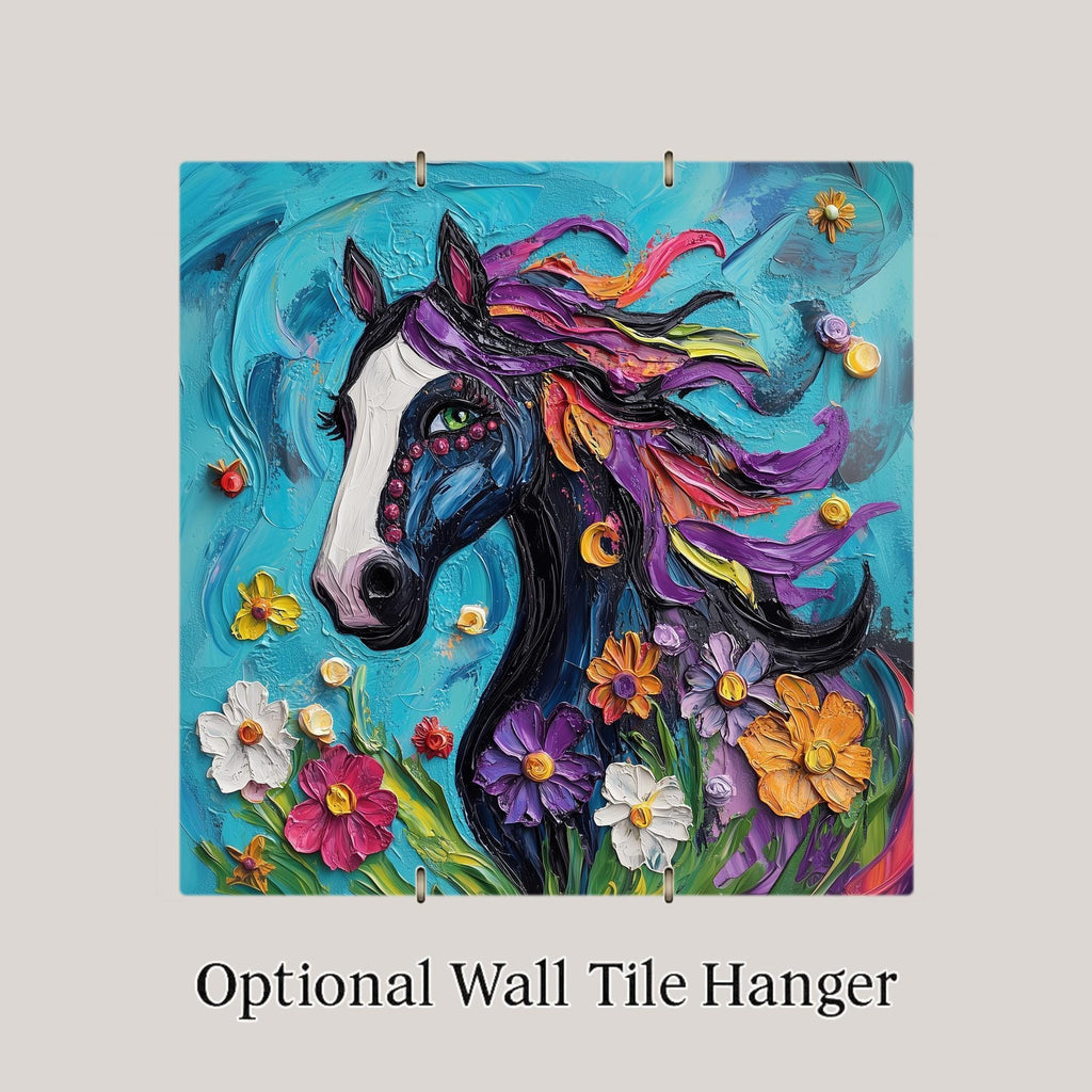 Floral Horse Wall Art Ceramic Tile Horse Lover Gift Equestrian Decor Colorful Horse Art Fantasy Tile