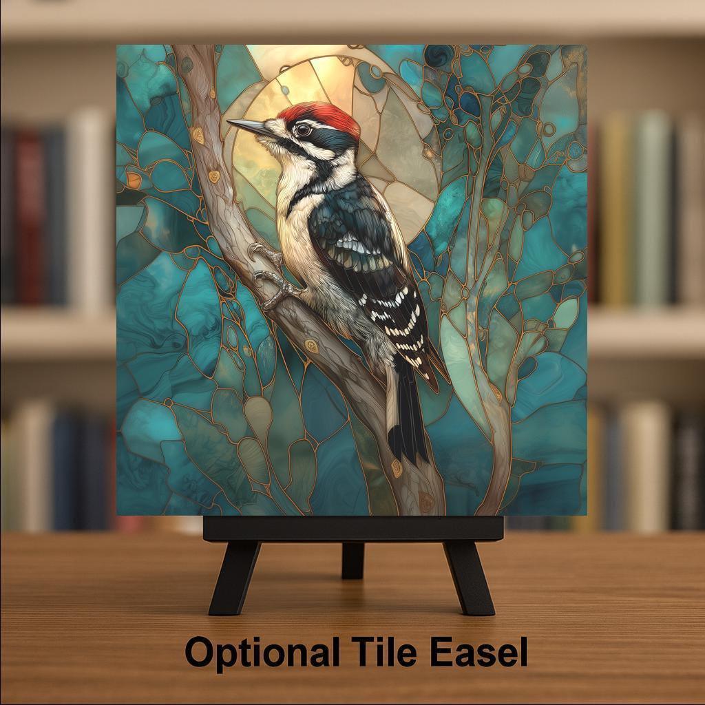 Downy Woodpecker Ceramic Art Tile: Cabin Wall Decor Nature Lover Gift Woodland Home Decor Wall Art