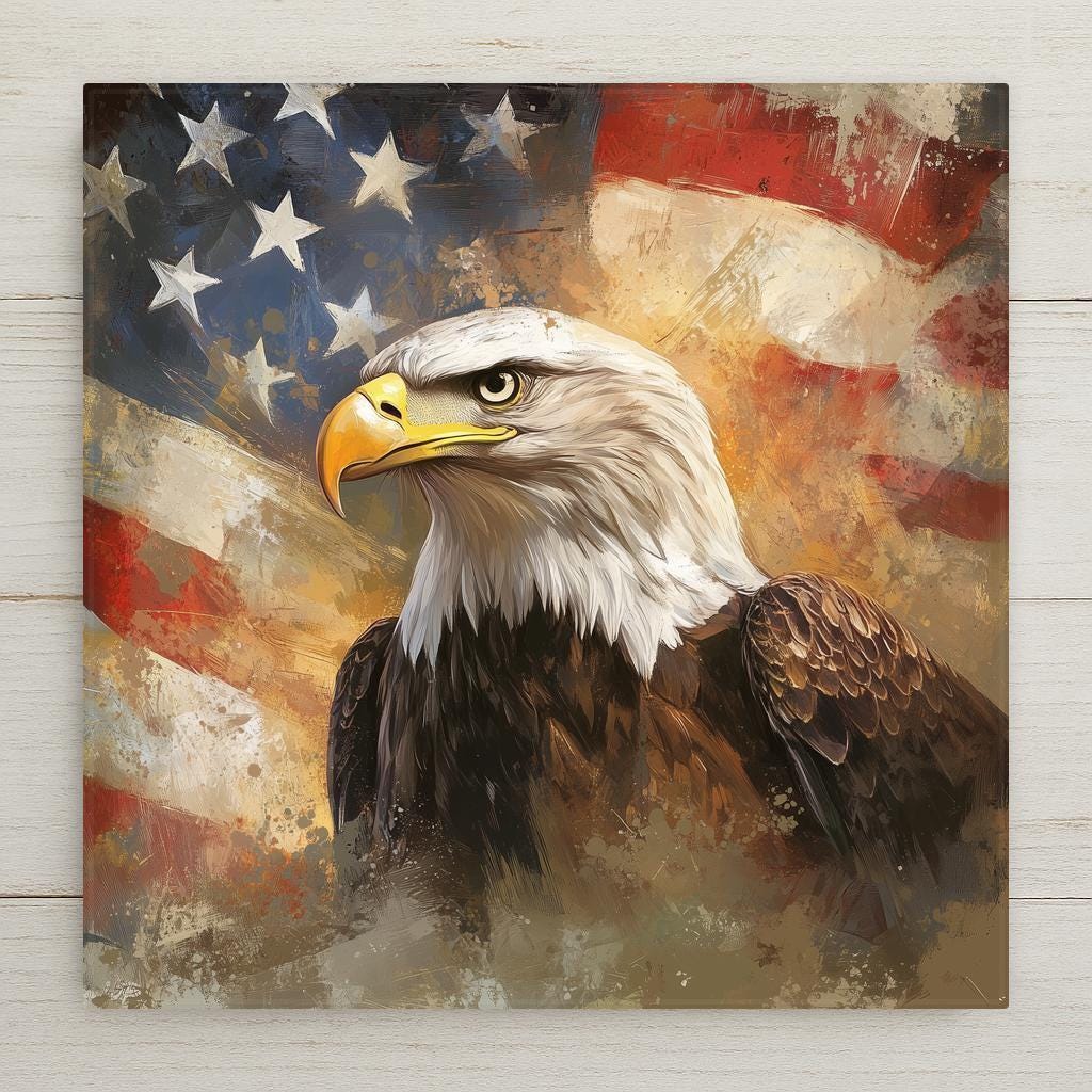 Bold patriotic eagle ceramic tile art with American flag backdrop. Perfect Memorial Day or Veterans Day gift to honor military and country.