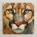 Mountain lion ceramic tile wall art featuring a detailed cougar portrait in a stained glass–inspired style. This is a permanent print on tile, not actual stained glass or mosaic. Ideal for rustic cabin decor, wildlife wall decor, and nature-inspired home decor. Optional tile wall hanger, easel tile stand, cork backing, or premium frame available for wall or tabletop display.