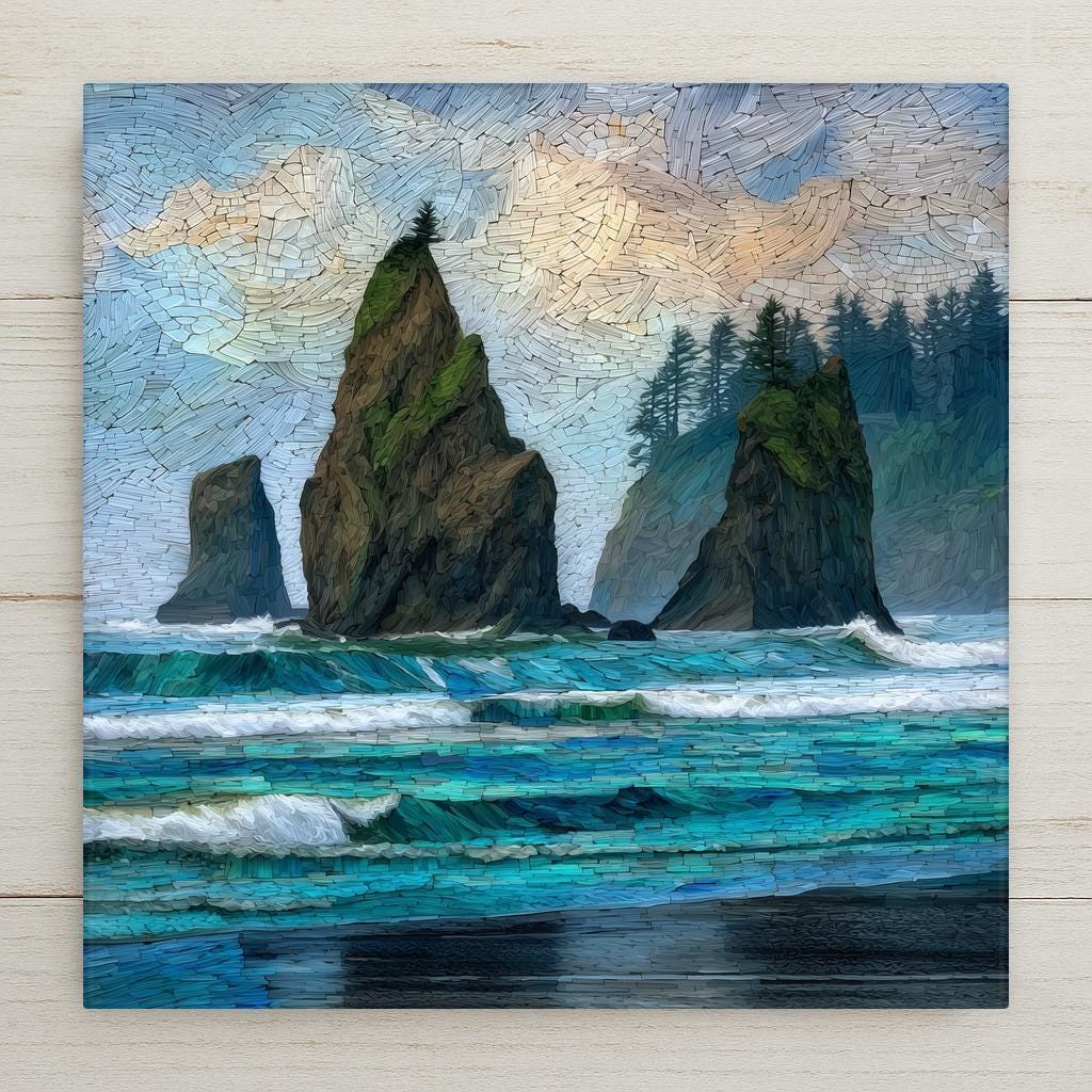 Ruby Beach ceramic tile wall art featuring sea stacks and ocean waves in Olympic National Park, Washington. Coastal stained glass style landscape with Pacific Northwest colors. Smooth ceramic tile with optional wall hanger, easel stand, cork backing, or premium frame.