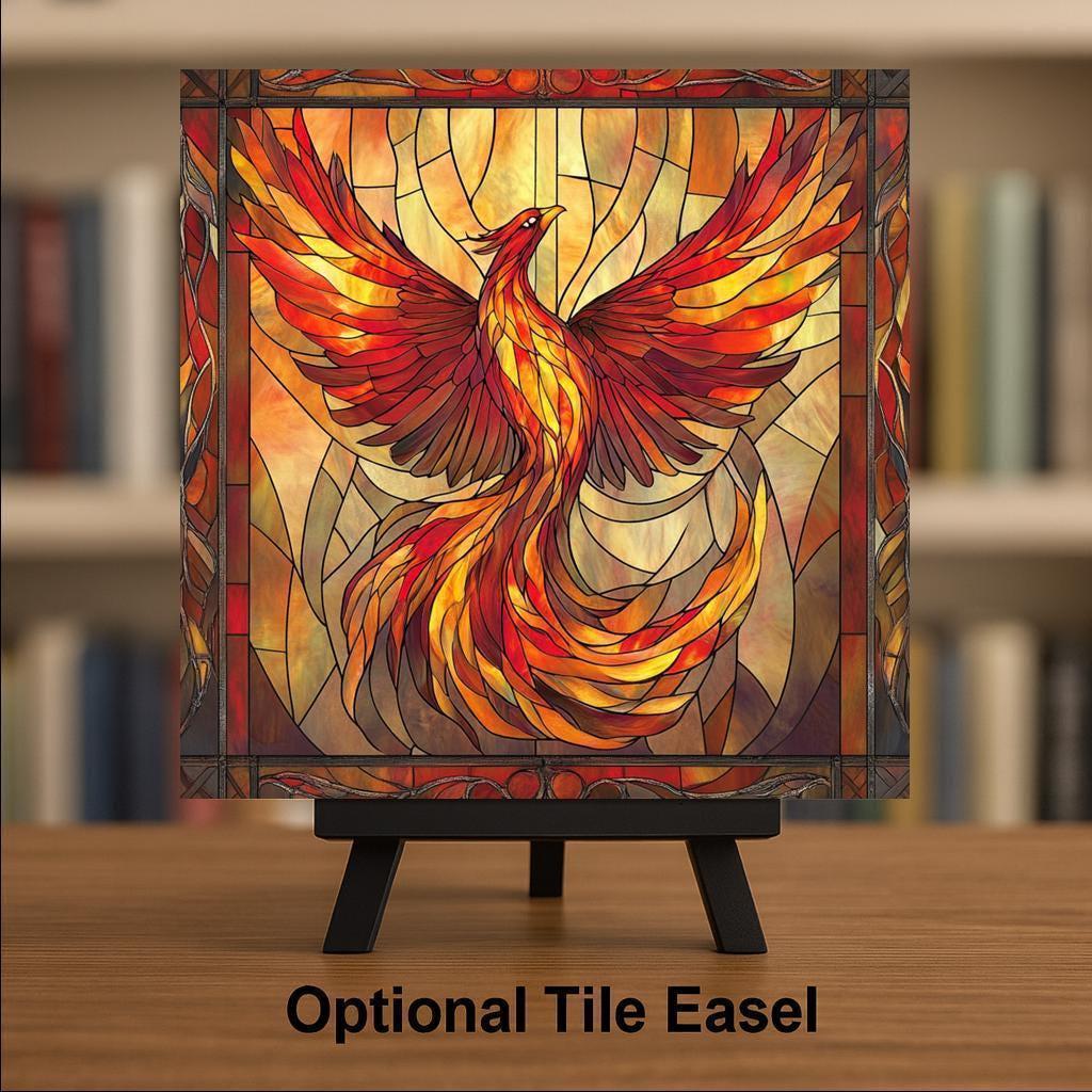 Phoenix Rising Wall Art Ceramic Tile Symbolic Gift Stained Glass Style Decor Rebirth Art Inspirational Home Gift Tile