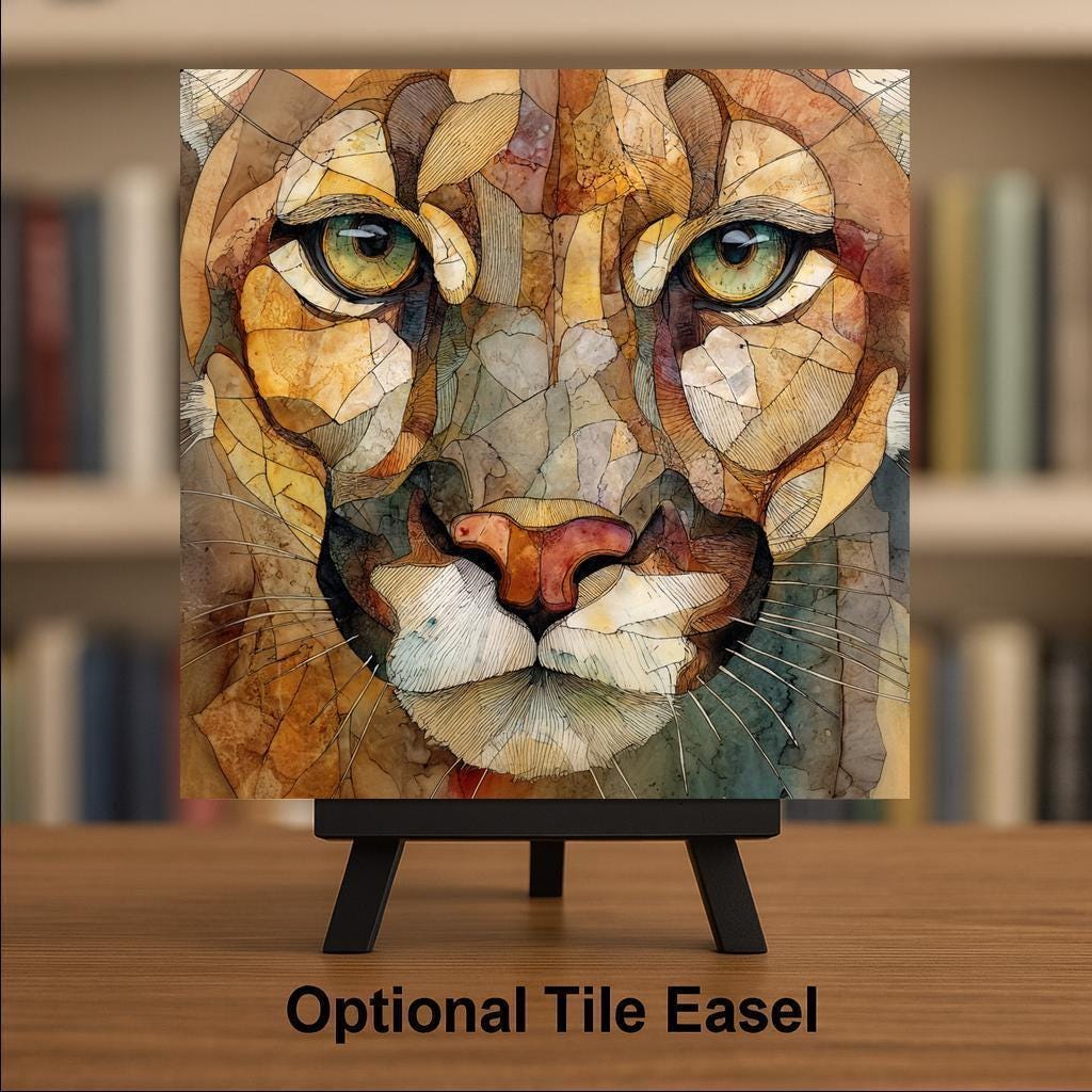 Mountain Lion Wall Art Ceramic Tile Stained Glass Style Wildlife Gift Cougar Decor Cabin Nature Art