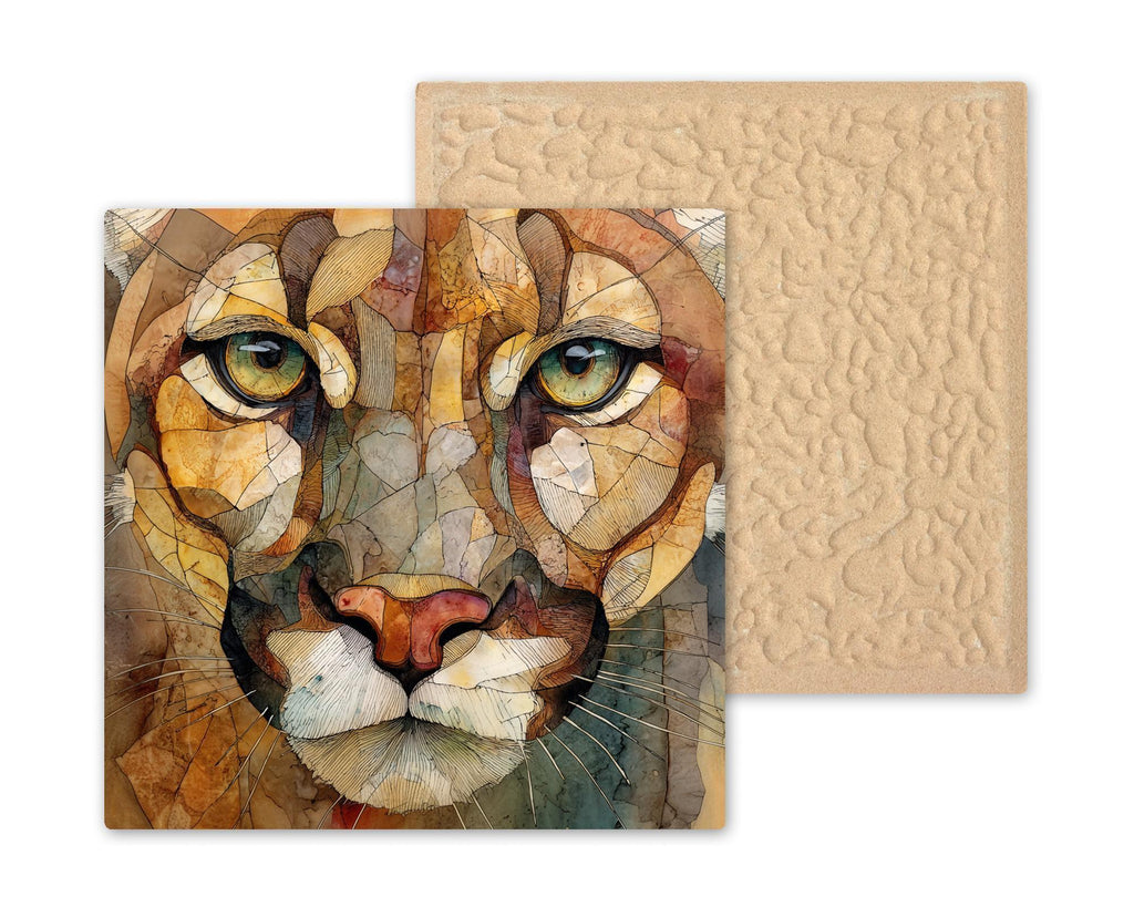 Mountain Lion Wall Art Ceramic Tile Stained Glass Style Wildlife Gift Cougar Decor Cabin Nature Art