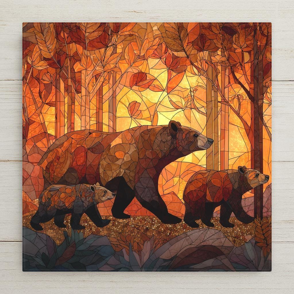 Stained glass style bear family ceramic tile with a mother bear and two cubs in a warm amber and cobalt autumn forest clearing, fall leaves and golden light surrounding the family, a vivid wildlife cabin decor and bear lover gift.