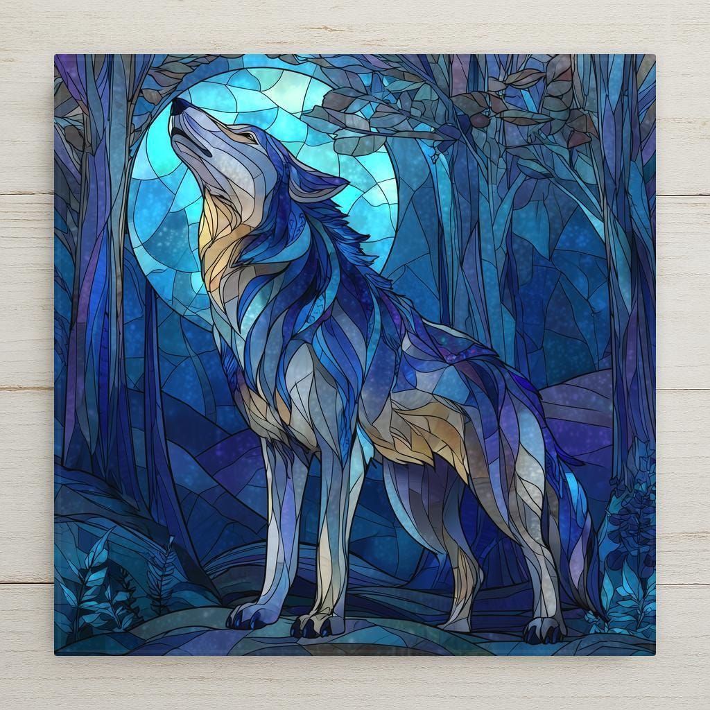 A powerful stained glass-style wolf ceramic tile featuring a moonlit forest scene. Permanent print, vivid color, and rich detail. Optional tile wall hanger, easel stand, cork backing, or premium frame available. A striking wildlife art piece for wall decor or home decor.