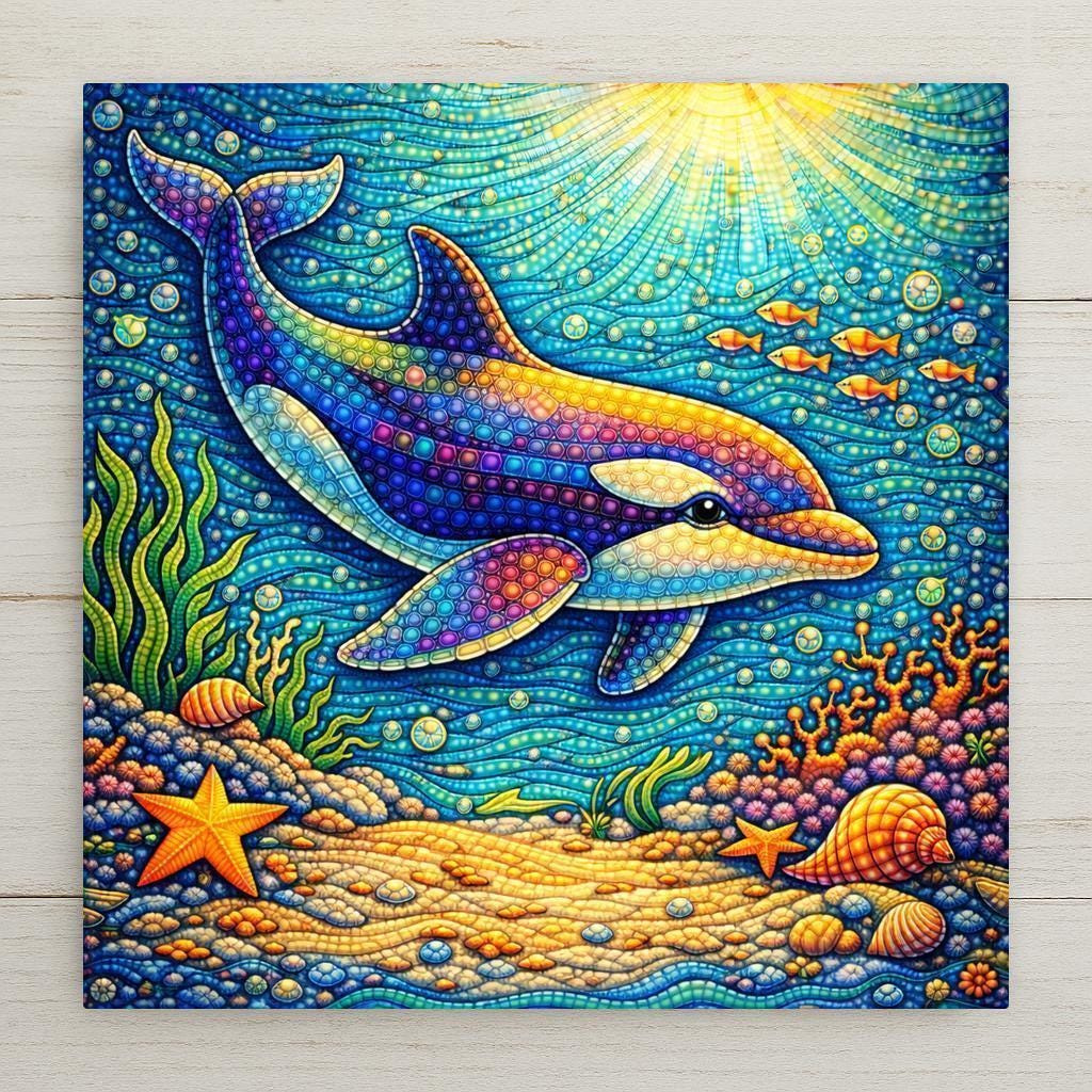 Whimsical dolphin ceramic tile wall art in a stained glass–style design featuring bright ocean colors, coral, and shells. Ideal for nursery wall decor, beach house home decor, and coastal spaces. This is a permanent printed artwork, not real stained glass or mosaic. Optional tile wall hanger, easel tile stand, cork backing, and premium frame option available.