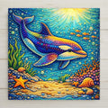 Whimsical dolphin ceramic tile wall art in a stained glass–style design featuring bright ocean colors, coral, and shells. Ideal for nursery wall decor, beach house home decor, and coastal spaces. This is a permanent printed artwork, not real stained glass or mosaic. Optional tile wall hanger, easel tile stand, cork backing, and premium frame option available.