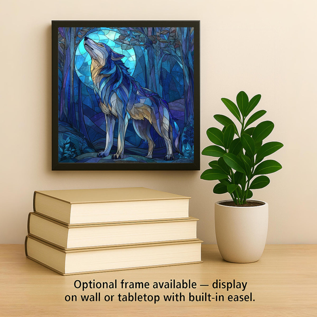 Howling Wolf Ceramic Tile Wall Art - Stained Glass Style Forest Moon Scene, Rustic Cabin Wildlife Nature Decor Gift