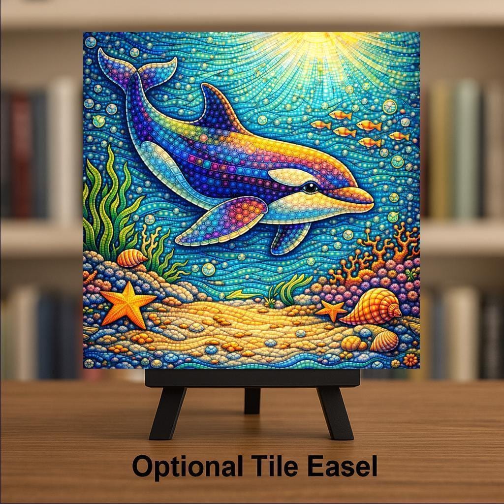 Whimsical Dolphin Ceramic Tile Wall Art – Coastal Beach House Home Decor, Nursery Ocean Animal Tile, Stained Glass Style Art