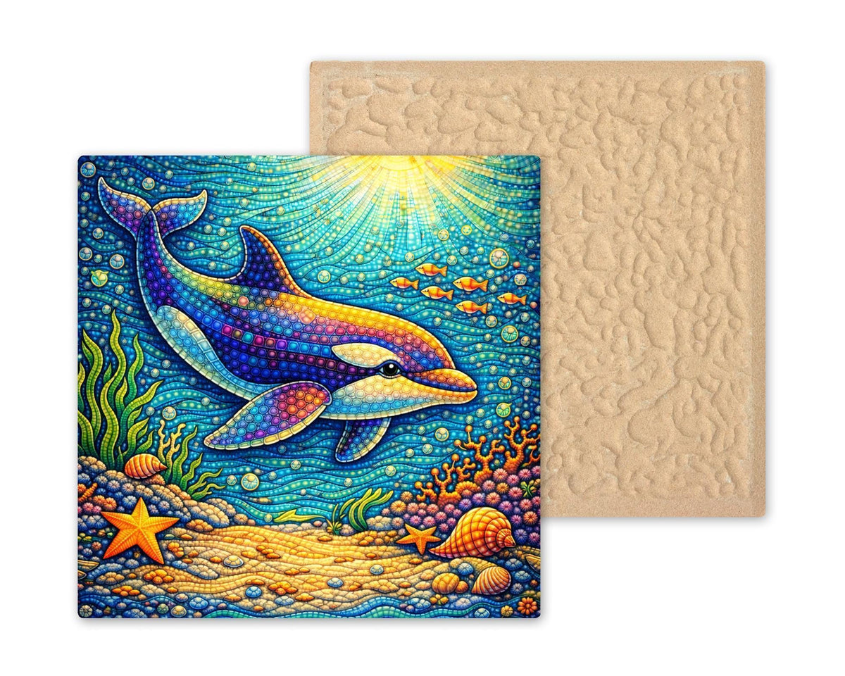 Whimsical Dolphin Ceramic Tile Wall Art – Coastal Beach House Home Decor, Nursery Ocean Animal Tile, Stained Glass Style Art