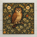 William Morris inspired owl ceramic tile surrounded by dense botanical foliage in emerald green and gold tones. Arts and Crafts woodland wall decor for cottagecore home styling.