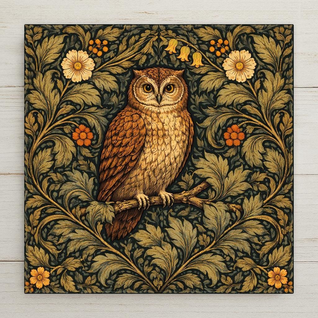 William Morris inspired owl ceramic tile surrounded by dense botanical foliage in emerald green and gold tones. Arts and Crafts woodland wall decor for cottagecore home styling.