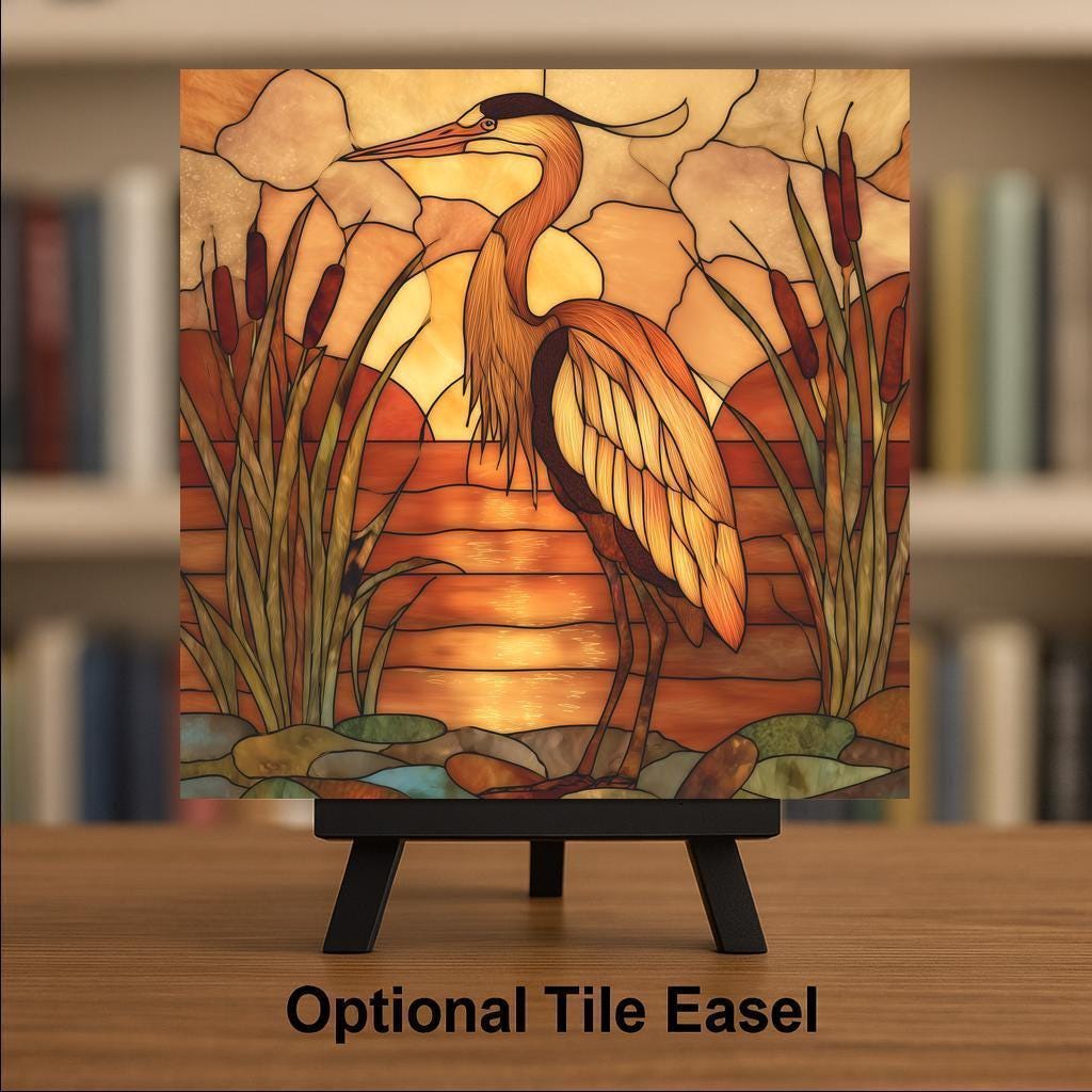 Golden Heron Wall Art Ceramic Tile Coastal Gift Nature Inspired Decor Sunset Bird Art Heron Lover Gift Tile