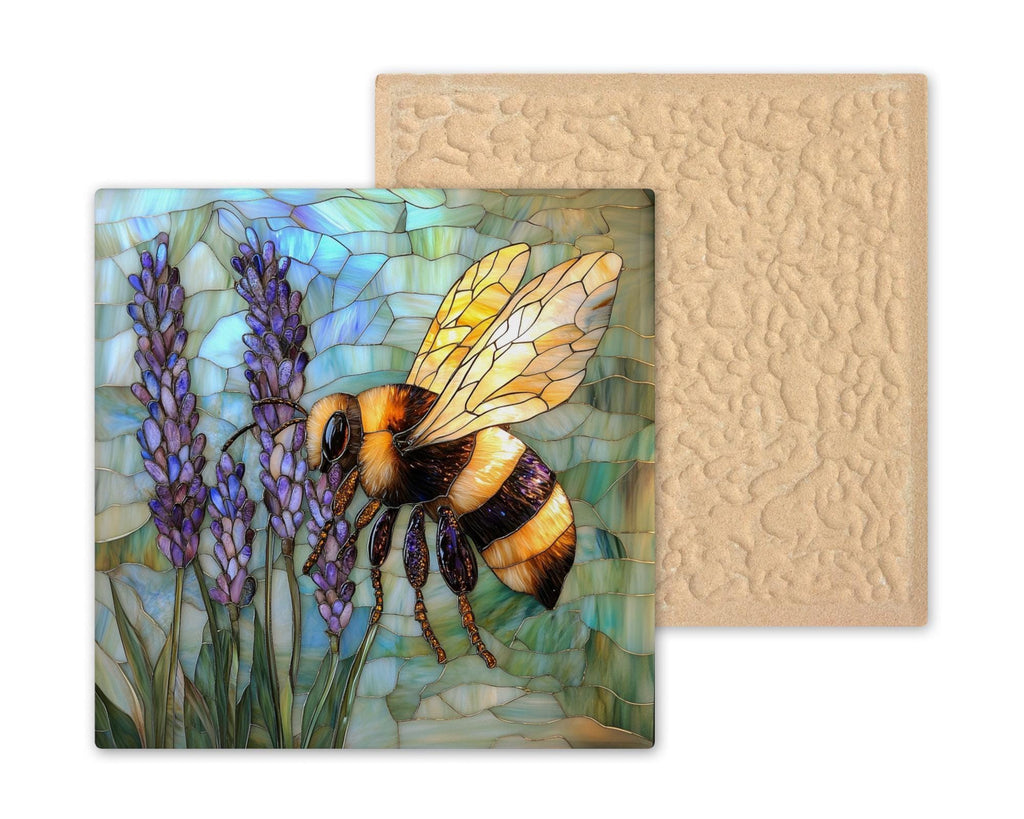 Stained Glass Bee & Lavender Ceramic Tile Wall Art: Cottagecore Wall Decor Home Decor