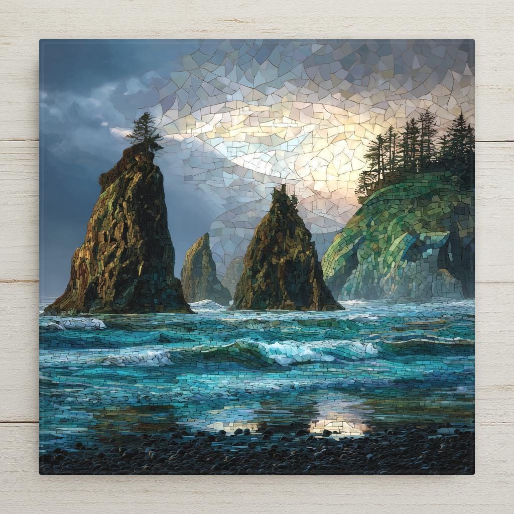 Ruby Beach ceramic tile wall art featuring dramatic sea stacks and ocean waves in Olympic National Park, Washington. Moody coastal stained glass style landscape. Smooth ceramic tile with optional wall hanger, easel stand, cork backing, or premium frame.