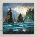 Ruby Beach ceramic tile wall art featuring dramatic sea stacks and ocean waves in Olympic National Park, Washington. Moody coastal stained glass style landscape. Smooth ceramic tile with optional wall hanger, easel stand, cork backing, or premium frame.