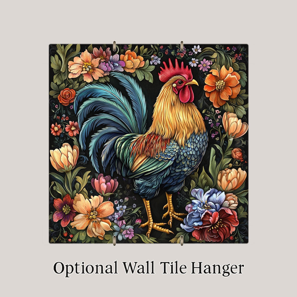 Vibrant Ceramic Rooster Tile Wall Art - Folk Art Farmhouse Wall Decor with Floral Accents Home Decor