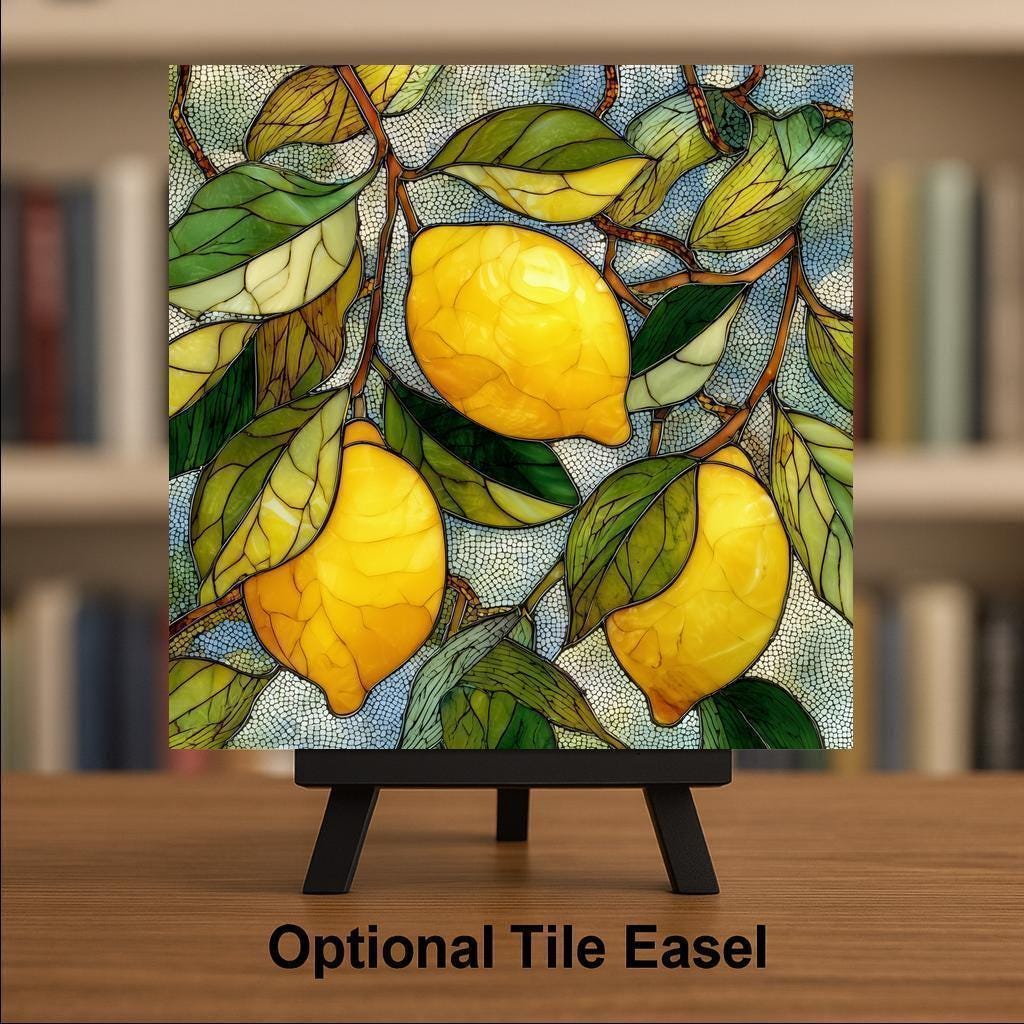Lemon Branch Wall Art Ceramic Tile Stained Glass Style Kitchen Gift Mediterranean Decor Citrus Nature Art Lemon Lover