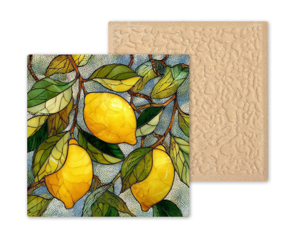 Lemon Branch Wall Art Ceramic Tile Stained Glass Style Kitchen Gift Mediterranean Decor Citrus Nature Art Lemon Lover