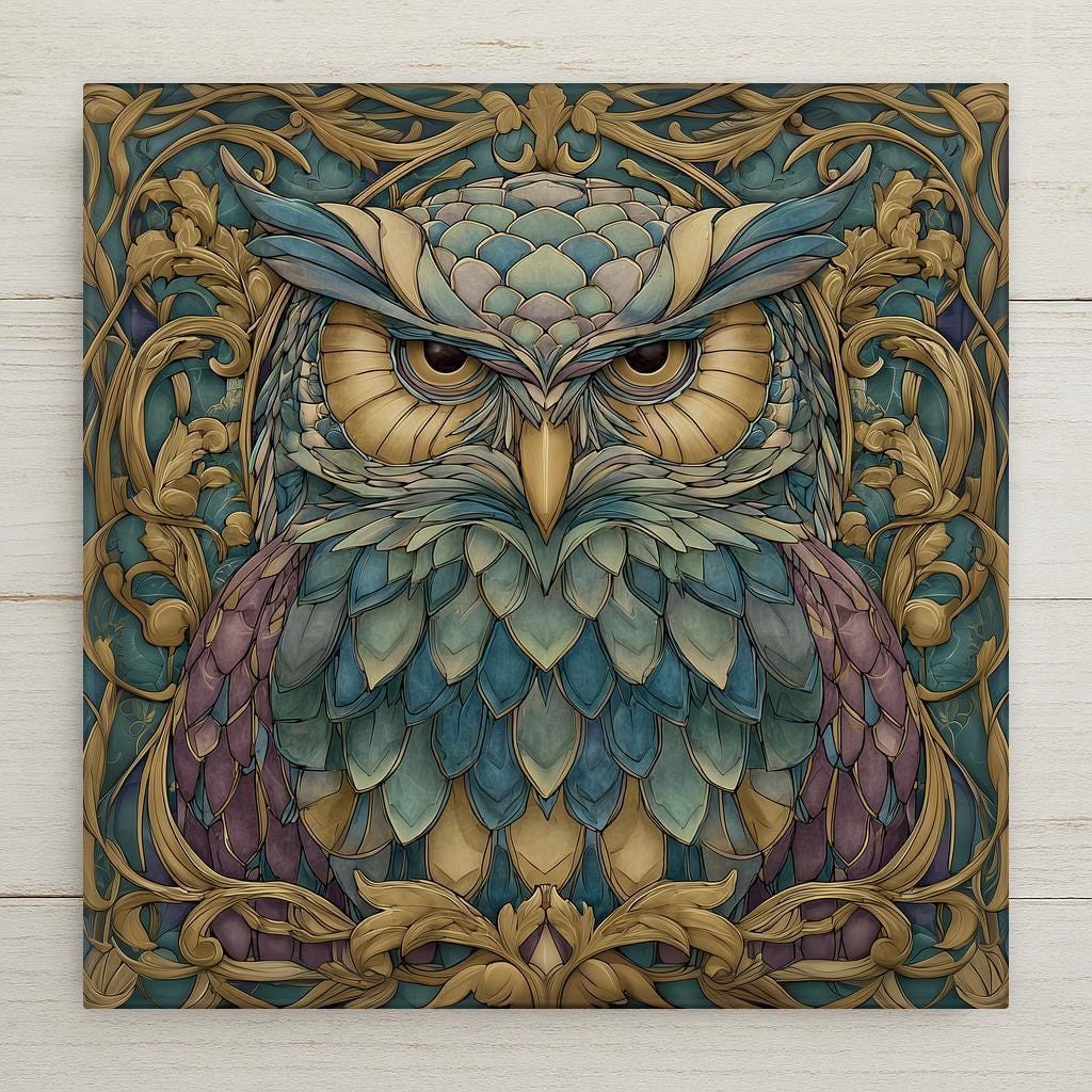 Art Nouveau owl ceramic tile wall art featuring a detailed owl with layered feathers, botanical framing, and stained glass–style colors in teal and gold. Nature-inspired home decor printed permanently on ceramic tile. Optional tile wall hanger, easel tile stand, cork backing, and premium frame available.