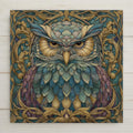 Art Nouveau owl ceramic tile wall art featuring a detailed owl with layered feathers, botanical framing, and stained glass–style colors in teal and gold. Nature-inspired home decor printed permanently on ceramic tile. Optional tile wall hanger, easel tile stand, cork backing, and premium frame available.