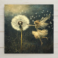 Magical fairy ceramic tile with a glowing dandelion in a dreamy twilight field. Perfect for fairy lovers, fantasy home decor, and whimsical art fans. The enchanting design features soft light, floating dandelion seeds, and a delicate winged figure. Glossy ceramic finish highlights its ethereal beauty. A unique gift for fairycore rooms, enchanted nurseries, or nature-inspired spaces.
