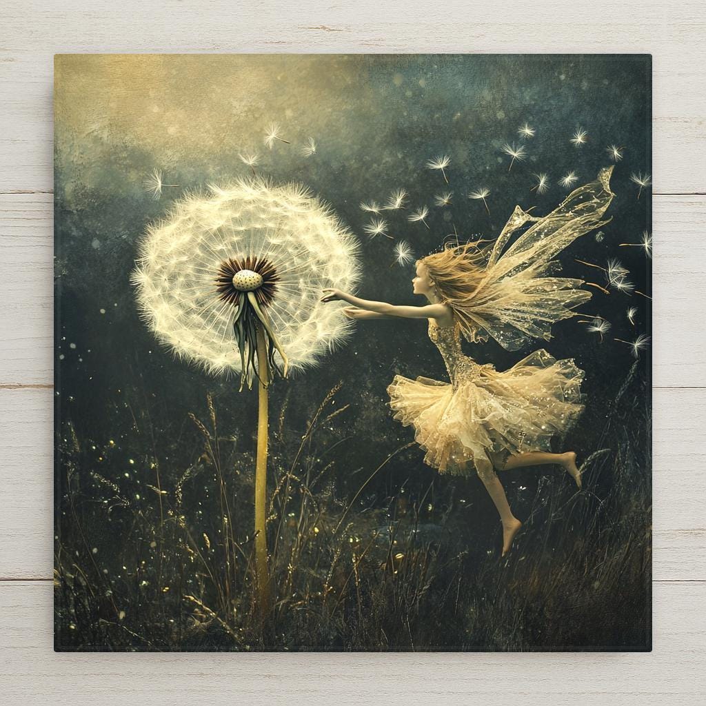 Magical fairy ceramic tile with a glowing dandelion in a dreamy twilight field. Perfect for fairy lovers, fantasy home decor, and whimsical art fans. The enchanting design features soft light, floating dandelion seeds, and a delicate winged figure. Glossy ceramic finish highlights its ethereal beauty. A unique gift for fairycore rooms, enchanted nurseries, or nature-inspired spaces.
