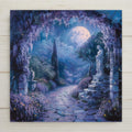 Painterly dark academia ceramic art tile of a moonlit fantasy garden with draping wisteria, a full moon, a classical statue, and a lavender-lined stone path, moody romantic night garden decor.