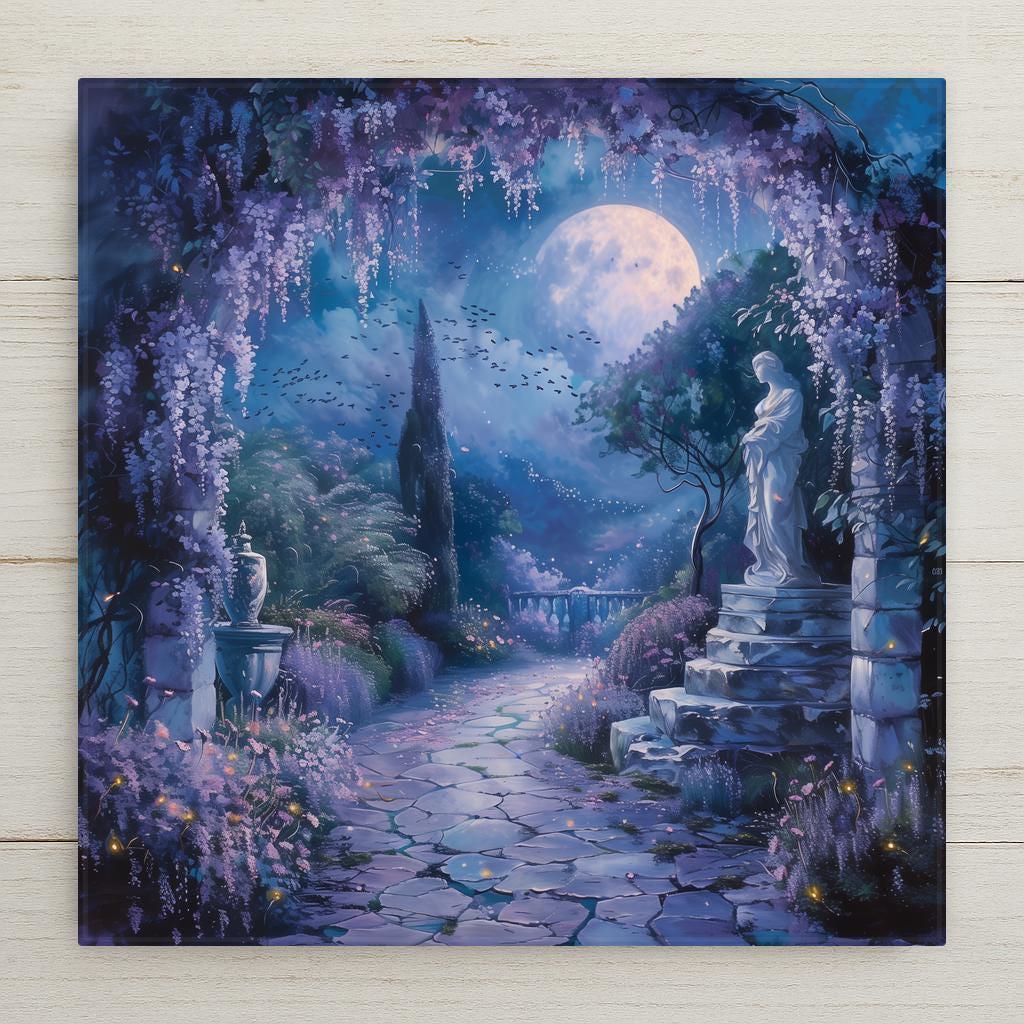 Painterly dark academia ceramic art tile of a moonlit fantasy garden with draping wisteria, a full moon, a classical statue, and a lavender-lined stone path, moody romantic night garden decor.
