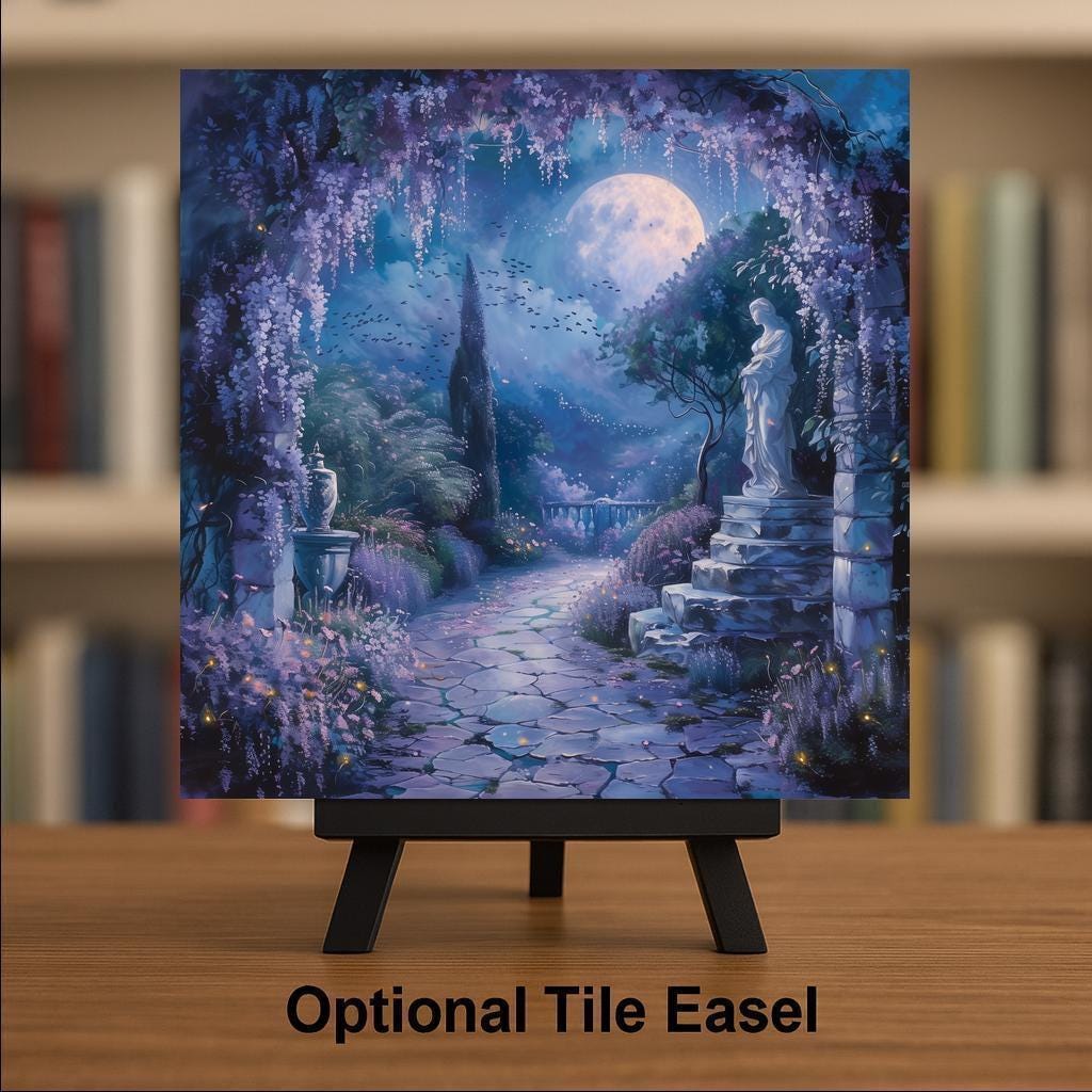 Moonlit Wisteria Ceramic Tile Wall Art Dark Academia Garden Statue Night Scene Moody Celestial Decor