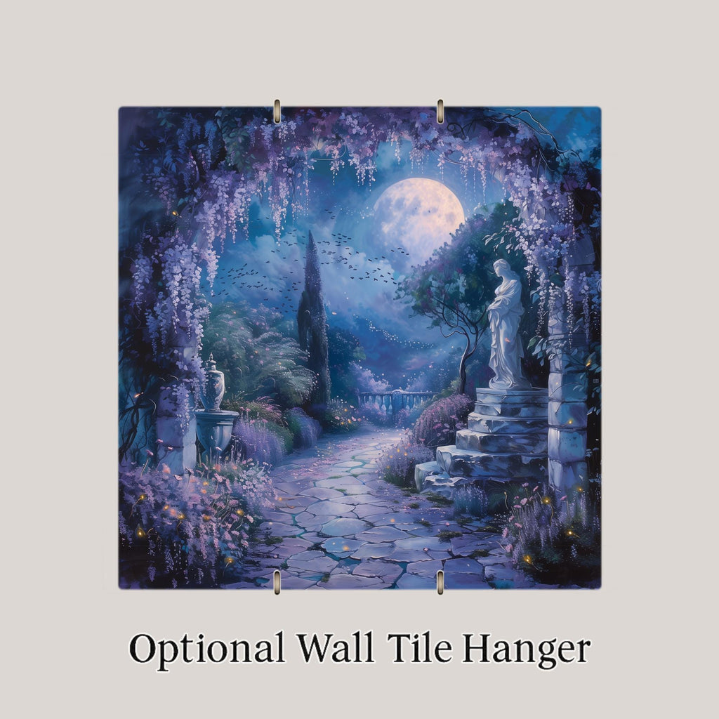 Moonlit Wisteria Ceramic Tile Wall Art Dark Academia Garden Statue Night Scene Moody Celestial Decor
