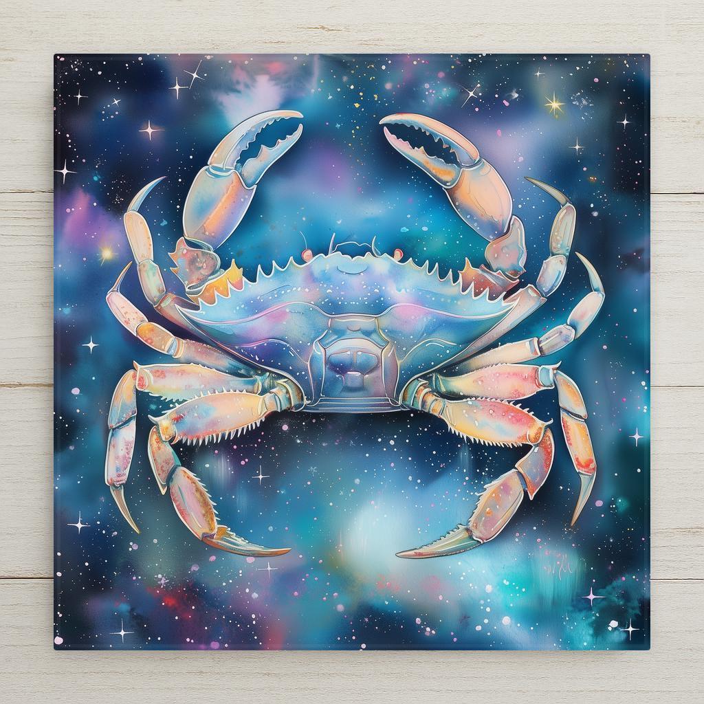 A celestial Cancer zodiac ceramic tile featuring a dreamy watercolor crab design, perfect for June and July birthdays, astrology enthusiasts, or moonchild-inspired decor.