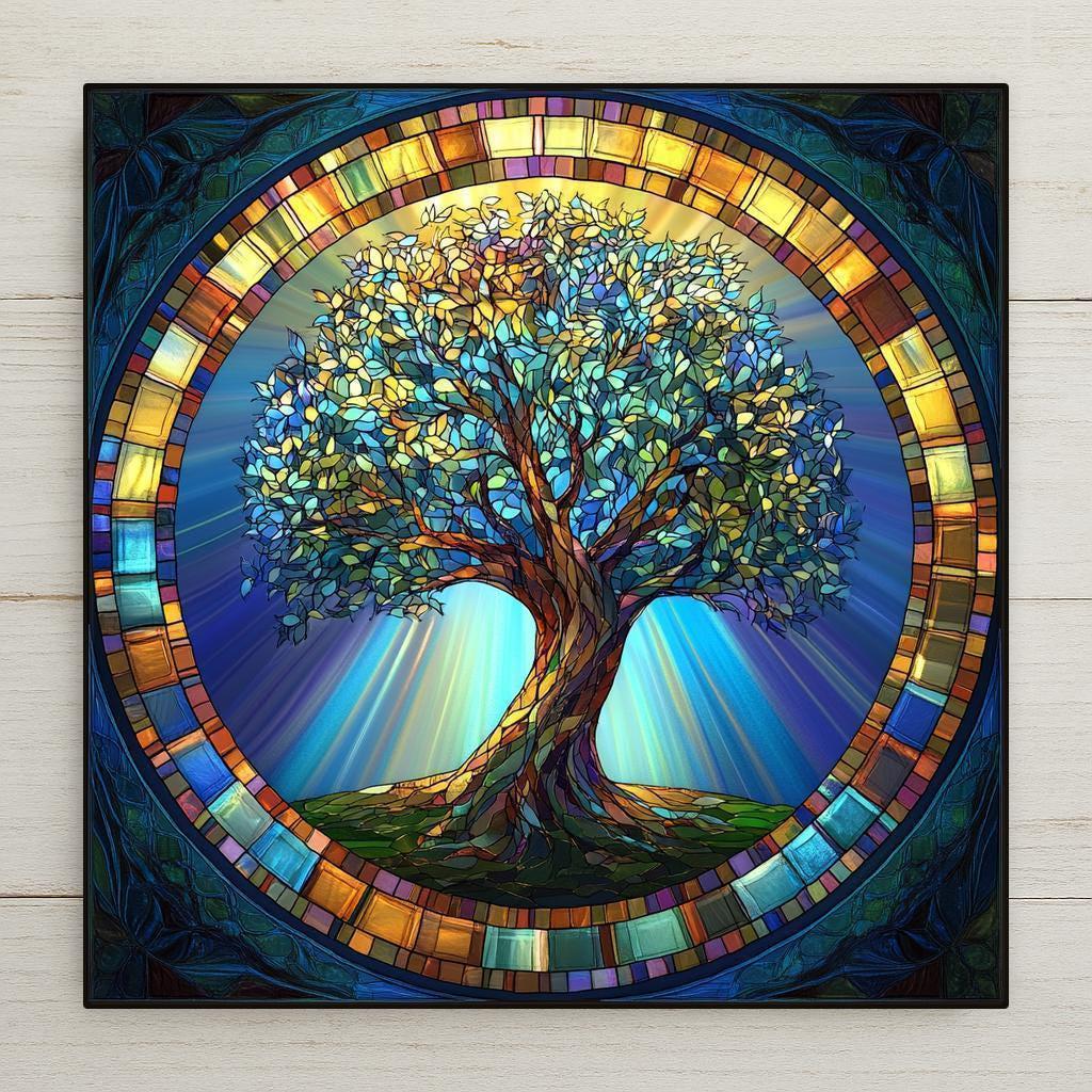 Art Nouveau Tree of Life tile with stained-glass design. A radiant symbol of nature, strength, and unity for walls or sacred spaces.