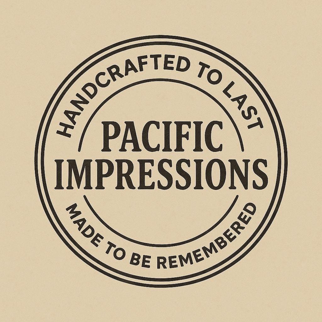 A black and white circular logo with the text "HANDCRAFTED TO LAST" and "PACIFIC IMPRESSIONS" inside it.