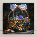 Luxury stained glass Easter basket with jewel tone eggs and pearlescent bow, candlelit glow, elegant spring ceramic tile wall art.
