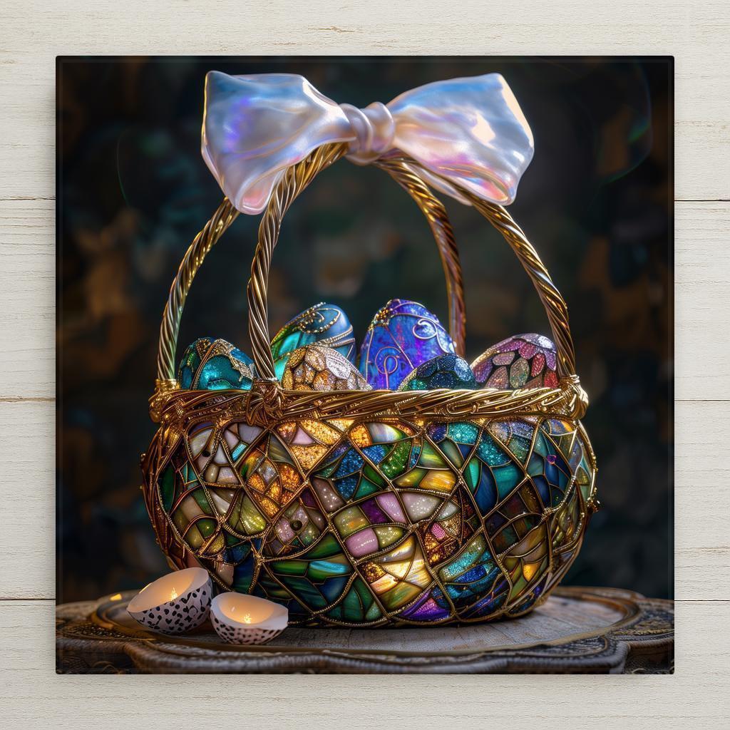 Luxury stained glass Easter basket with jewel tone eggs and pearlescent bow, candlelit glow, elegant spring ceramic tile wall art.