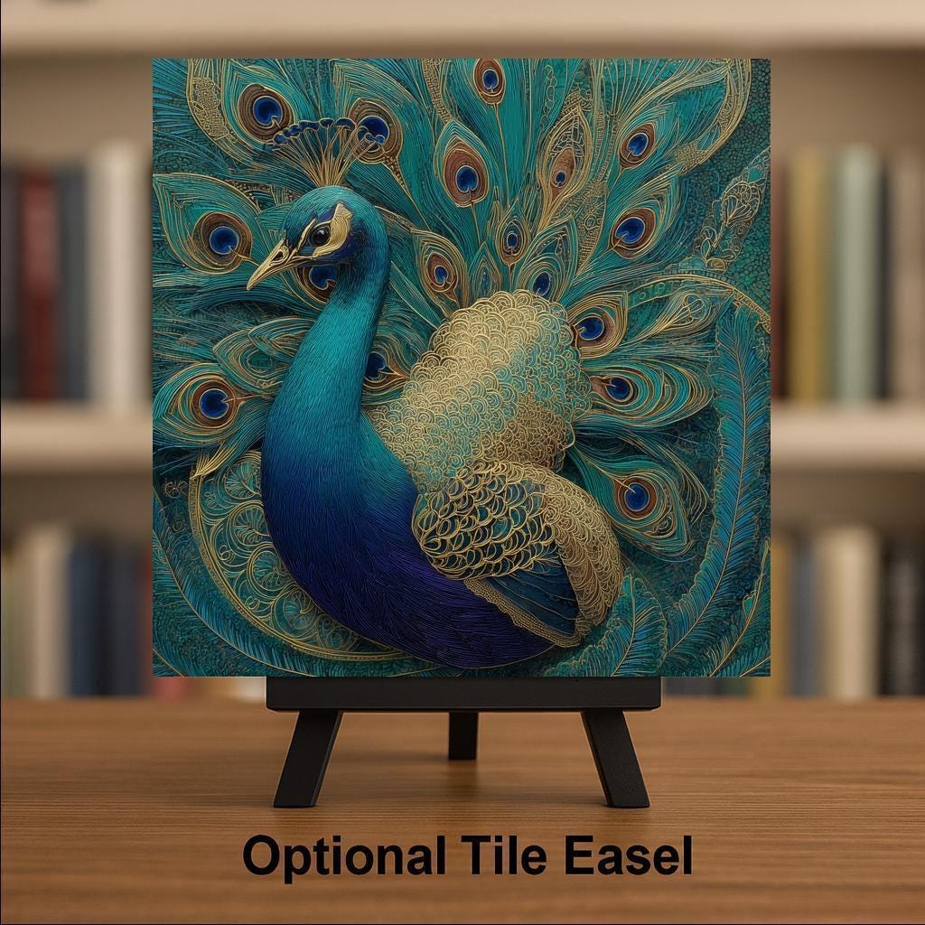 Peacock Wall Art Ceramic Tile Peacock Lover Gift Teal Gold Decor Bird Lover Art Nature Birdwatcher Gift