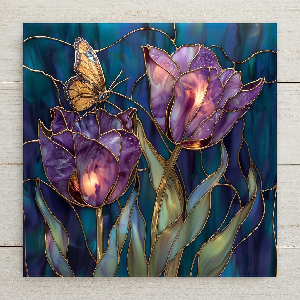 Purple stained glass tulips with gold detailing and butterfly on deep teal background, ceramic tile wall art.