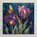 Purple stained glass tulips with gold detailing and butterfly on deep teal background, ceramic tile wall art.