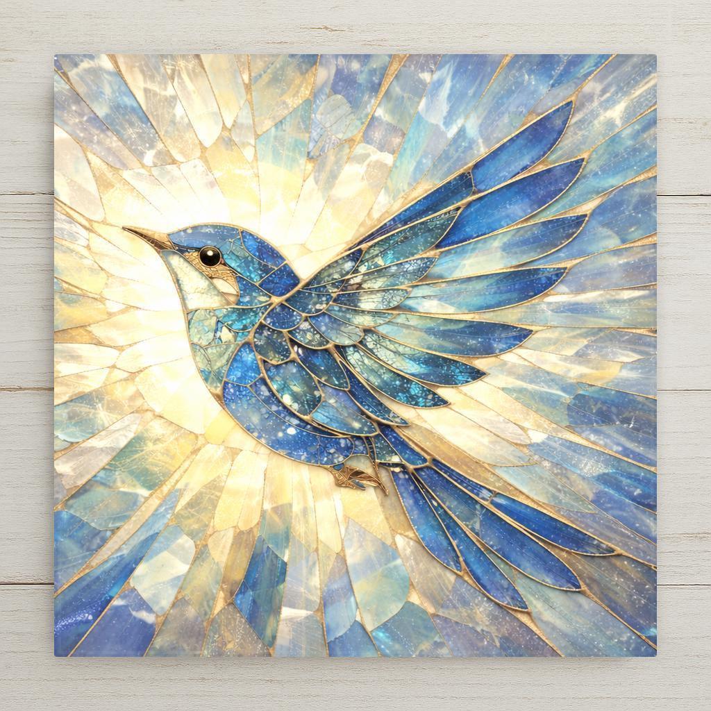 Songbird wall art ceramic tile featuring a blue bird in flight surrounded by radiant light. Nature inspired stained glass–style artwork with luminous blues and gold tones. Peaceful ceramic tile decor symbolizing freedom and hope, perfect for home or gallery wall display.