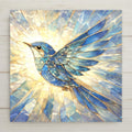 Songbird wall art ceramic tile featuring a blue bird in flight surrounded by radiant light. Nature inspired stained glass–style artwork with luminous blues and gold tones. Peaceful ceramic tile decor symbolizing freedom and hope, perfect for home or gallery wall display.