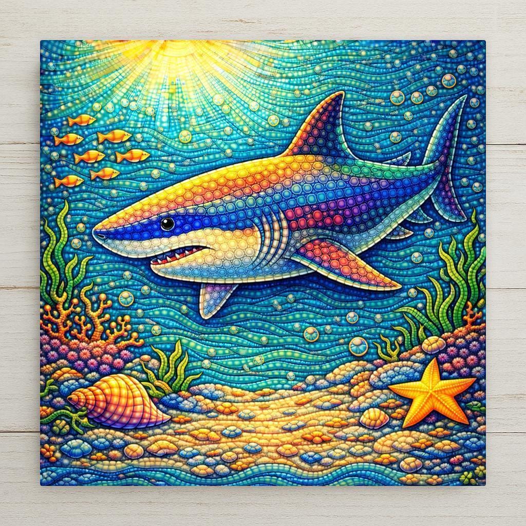 Whimsical shark ceramic tile wall art featuring a colorful mosaic-style shark swimming through bright blue ocean water with coral, shells, and sunlight above. Playful sea life design ideal for nursery decor, coastal home decor, or baby shower gifting.