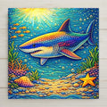 Whimsical shark ceramic tile wall art featuring a colorful mosaic-style shark swimming through bright blue ocean water with coral, shells, and sunlight above. Playful sea life design ideal for nursery decor, coastal home decor, or baby shower gifting.