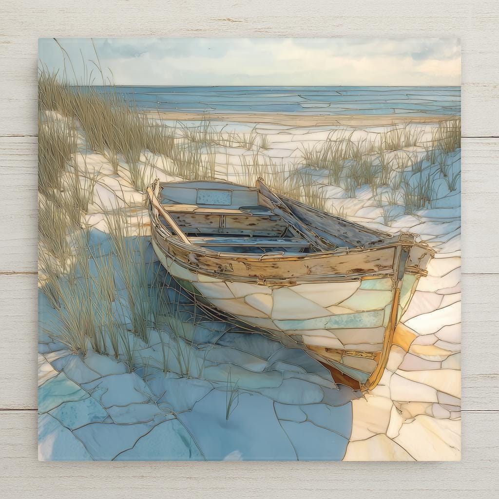 Row boat coastal wall art ceramic tile featuring a weathered skiff resting on a sandy shoreline. Stained glass–style landscape wall art with soft coastal tones, nautical detail, and a calm beach atmosphere. Nature-inspired ceramic tile decor for coastal homes, beach cottages, and relaxed interiors.