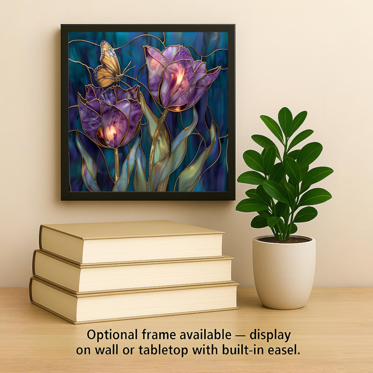 Purple Tulip Wall Art Ceramic Tile Stained Glass Style Butterfly Floral Decor Violet Botanical Home Gift Tile