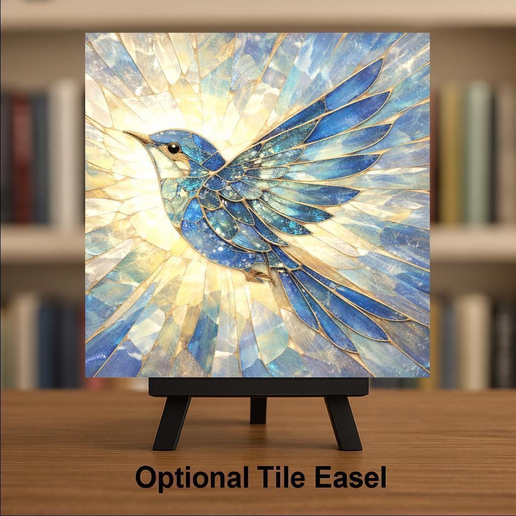 Bluebird Ceramic Tile Wall Art – Stained Glass Style Bird Lover Decor, Nature Inspired Gift, Songbird Garden Home Accent